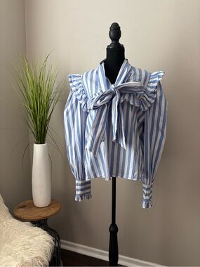 Blue & White Striped Bow Tie Blouse